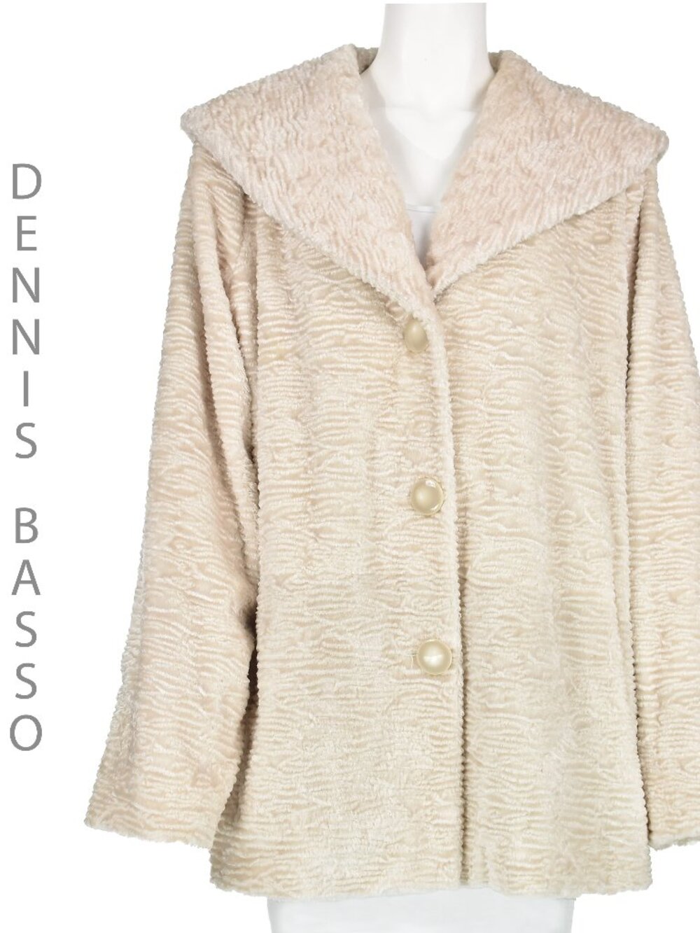 DENNIS BASSO Champagne Beige Faux Curly Persian Lamb Swing Coat SIZE L 10-12
